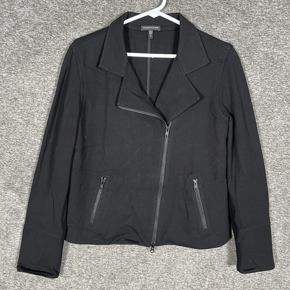 Eileen Fisher Jacket Womens Medium Black Stretch Knit‎ Moto Full Zip Pockets
